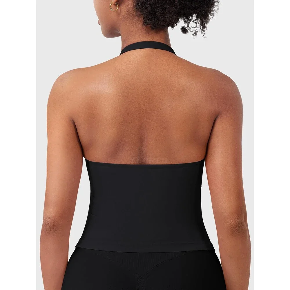 YEOREO Women's Black Softhue Impact Halter Tank Top Longline Backless Scoop XS
